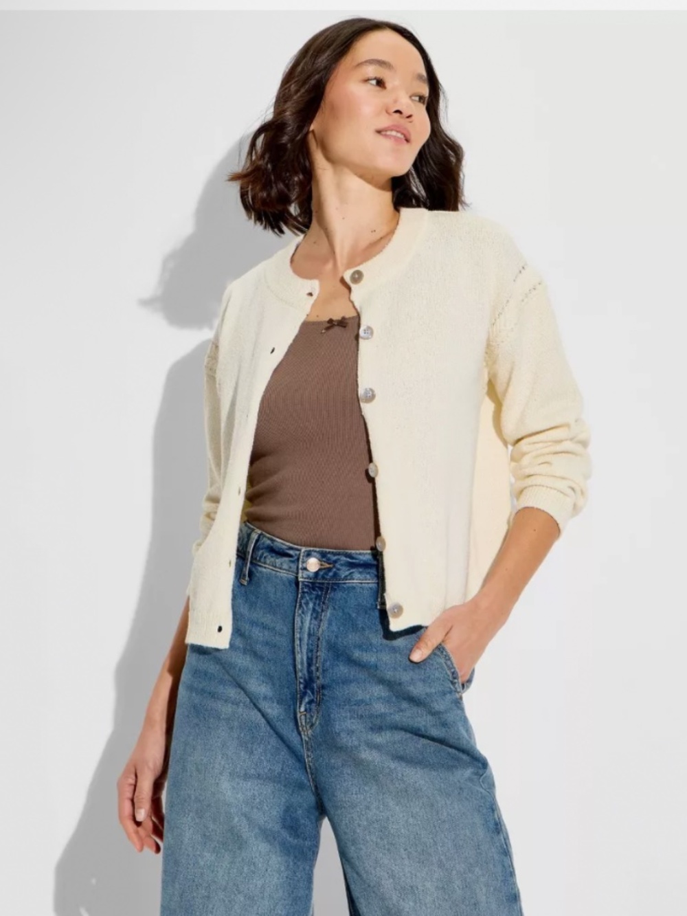 Wild Fable Women's Crewneck Cable Trim Cardigan Cable Knit Ribbed Knit Creme NWT